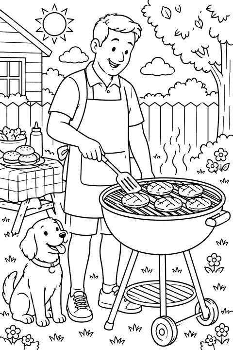 a dad grilling burgers on a barbecue in the backyard coloring page