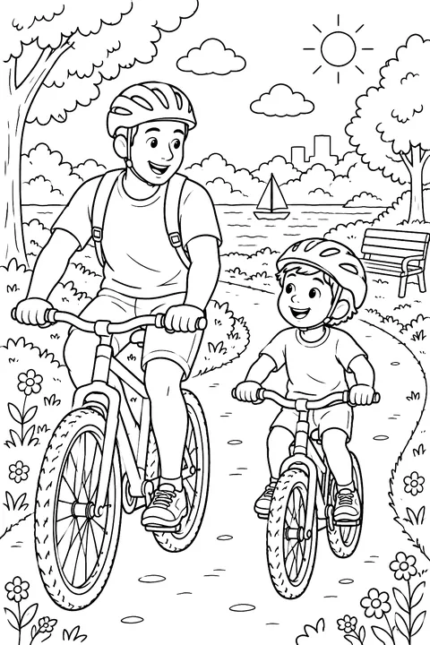 a father and child riding bicycles on a park path coloring page