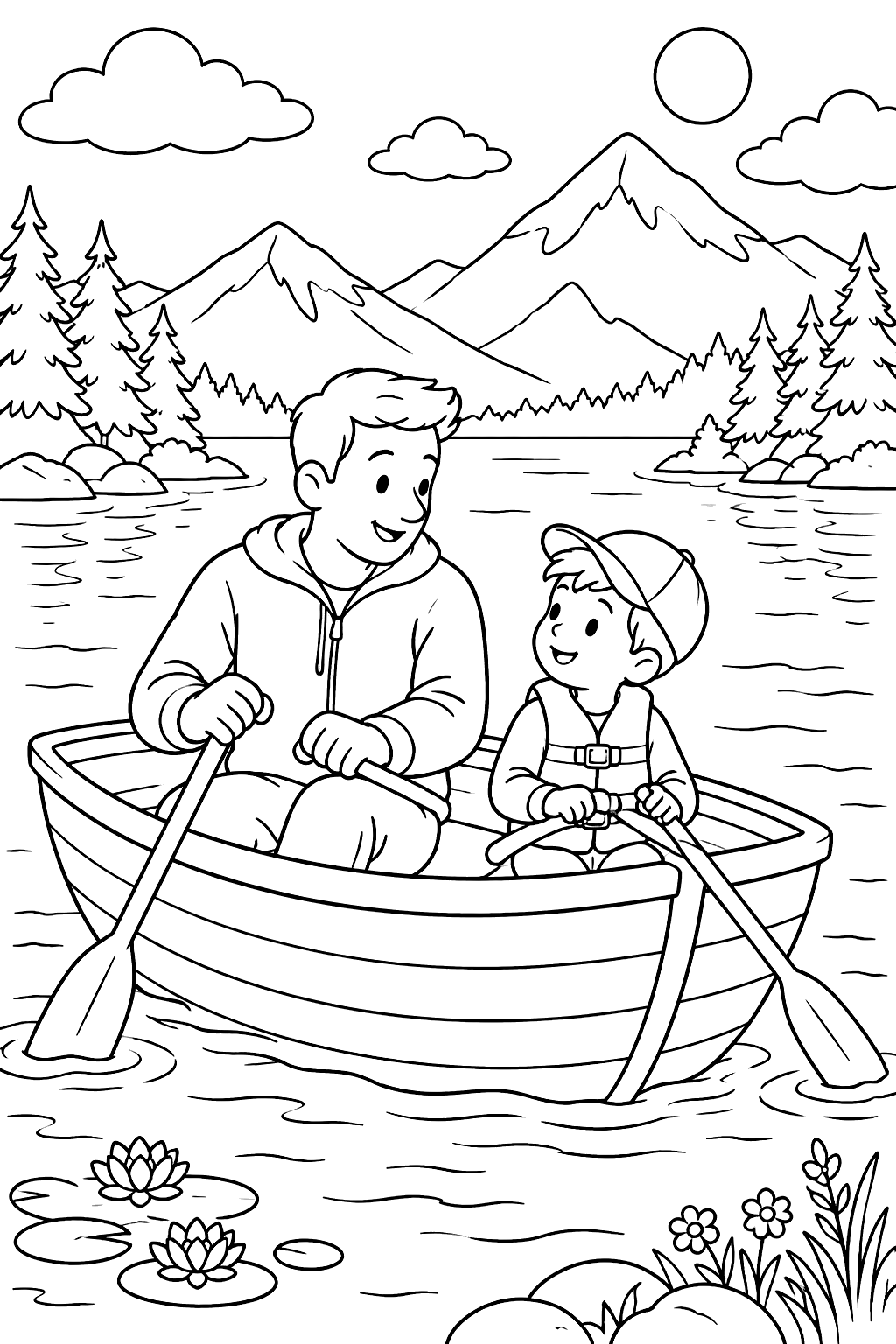 a father and child in a rowboat on a calm lake with mountains coloring page