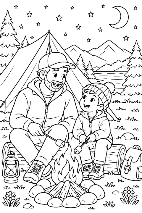 a father and child by a tent and campfire under the stars coloring page