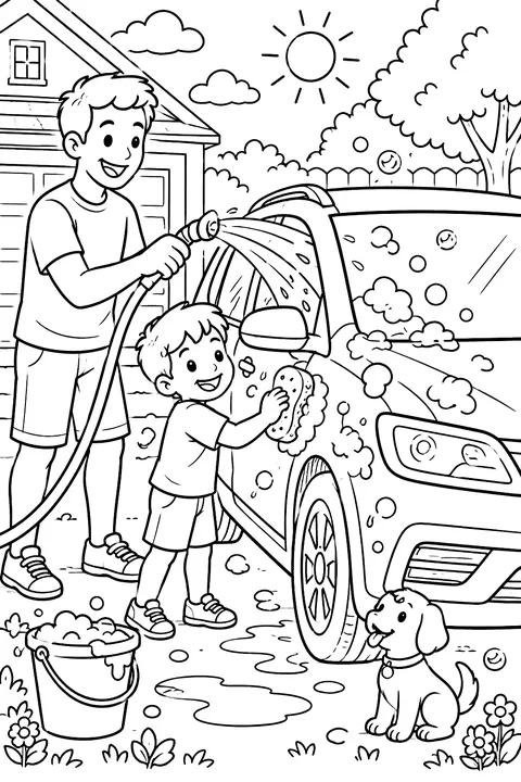 a father and child washing the family car with a hose and bubbles coloring page
