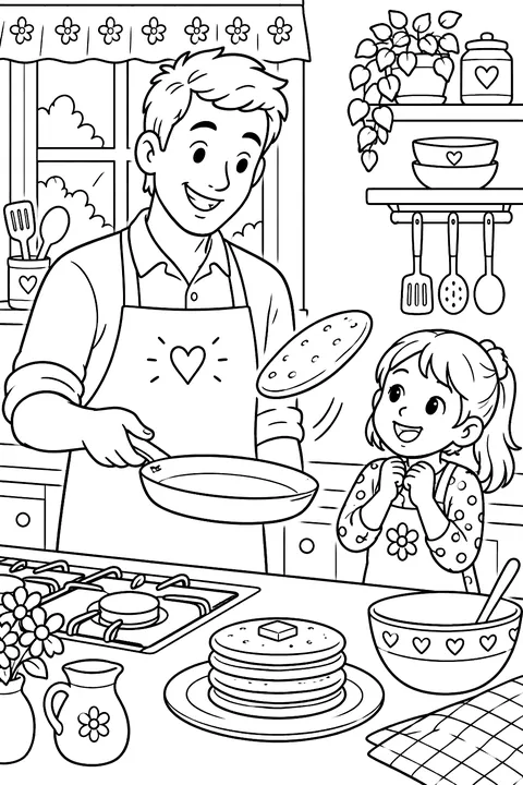 a father flipping pancakes in a kitchen with a child coloring page