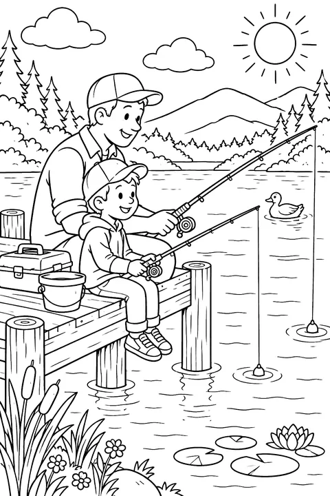 a father and child fishing from a wooden dock on a lake coloring page