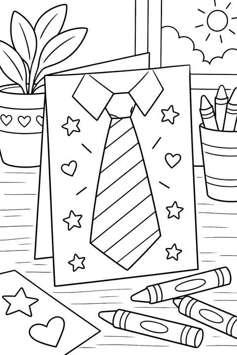 a handmade Father's Day card with a necktie on it, crayons nearby coloring page