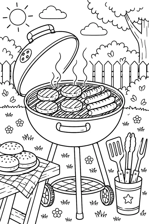 a barbecue grill with burgers, hot dogs and grill tools coloring page