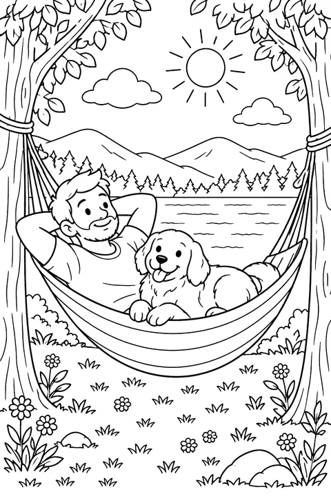 a dad relaxing in a hammock between two trees with a dog coloring page