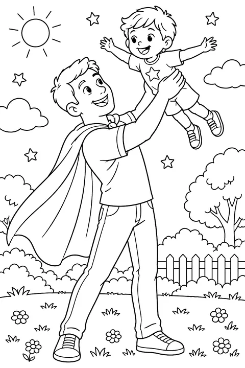 a smiling dad wearing a cape and holding his child up high coloring page