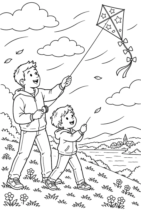 a father and child flying a kite on a windy hill coloring page
