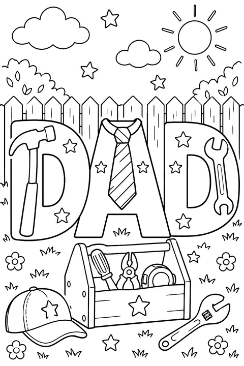 big outline letters spelling DAD decorated with tools, a tie and stars coloring page