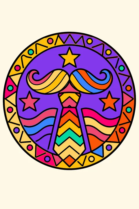 a round badge design with a mustache, tie and stars surrounded by patterns coloring page