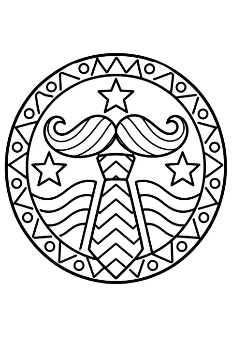 a round badge design with a mustache, tie and stars surrounded by patterns coloring page