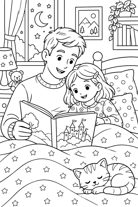 a father reading a bedtime story to his child coloring page