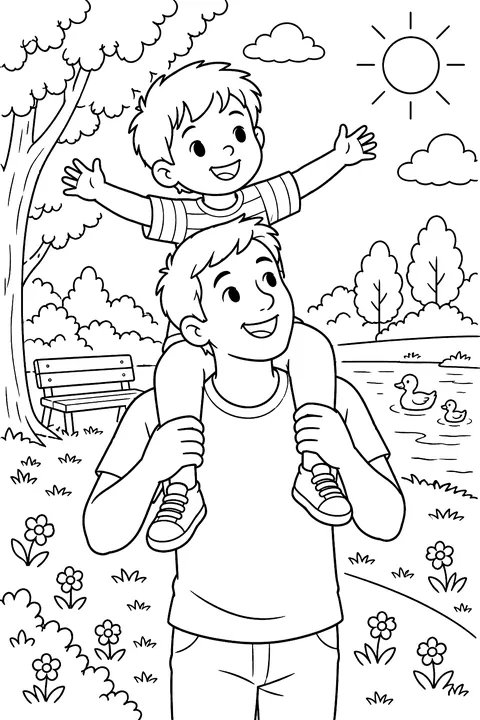 a child riding on their father's shoulders at a park coloring page
