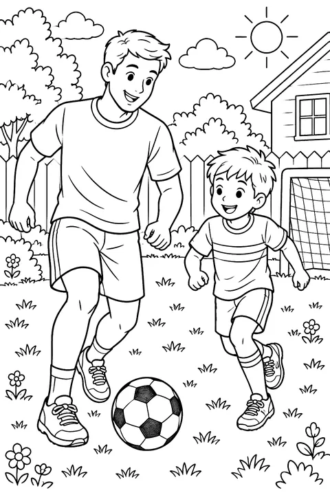a father and child playing soccer in the backyard coloring page