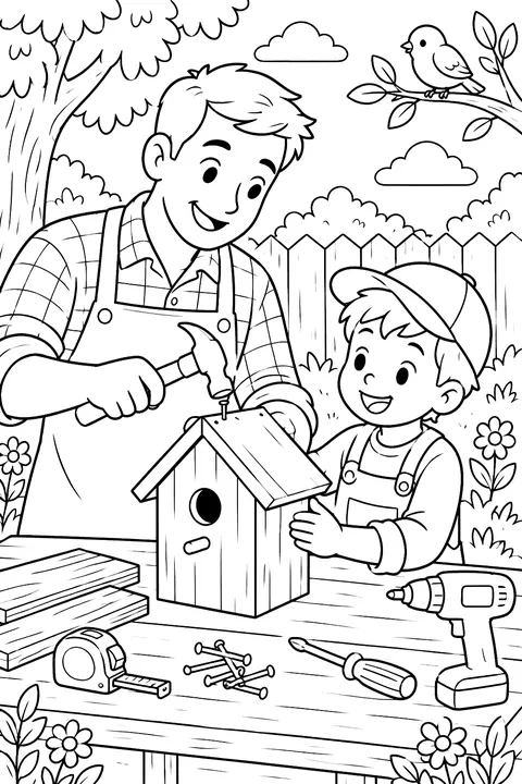 a father and child building a birdhouse with wood and tools coloring page