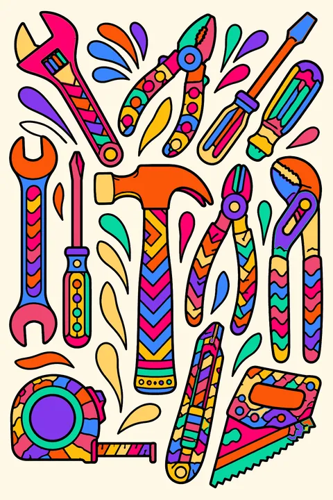 a full page of hand tools arranged in a decorative pattern coloring page