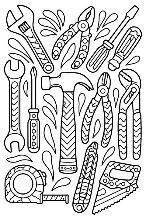 a full page of hand tools arranged in a decorative pattern coloring page