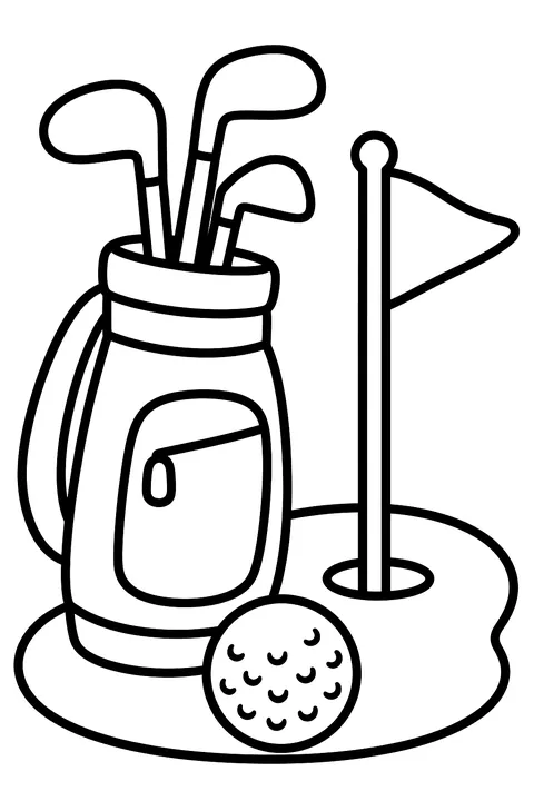 a golf bag, a ball and a flag on a green coloring page