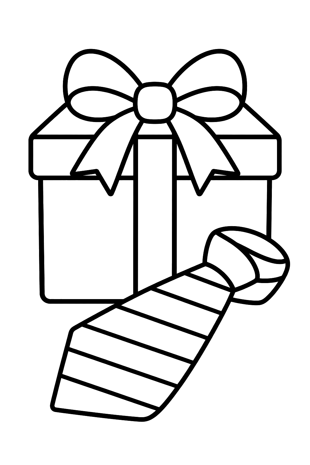 a small gift box with a bow and a striped necktie lying in front of it coloring page