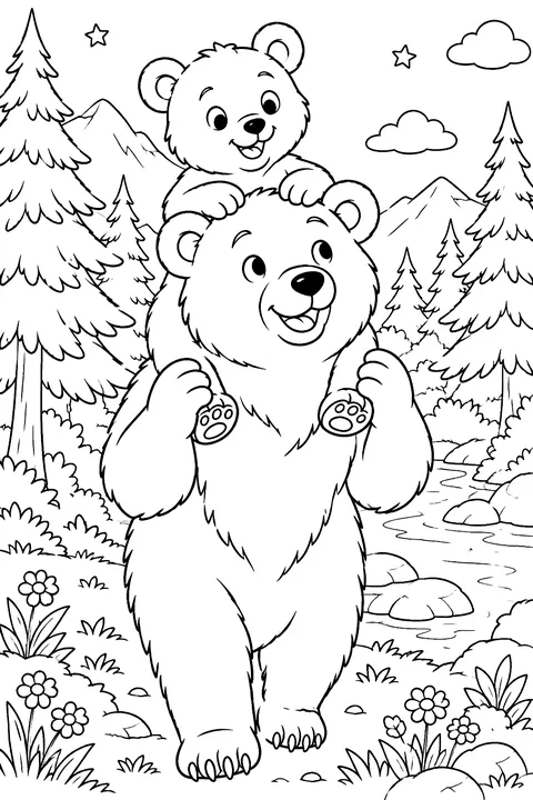 a father bear carrying his cub on his shoulders in the forest coloring page