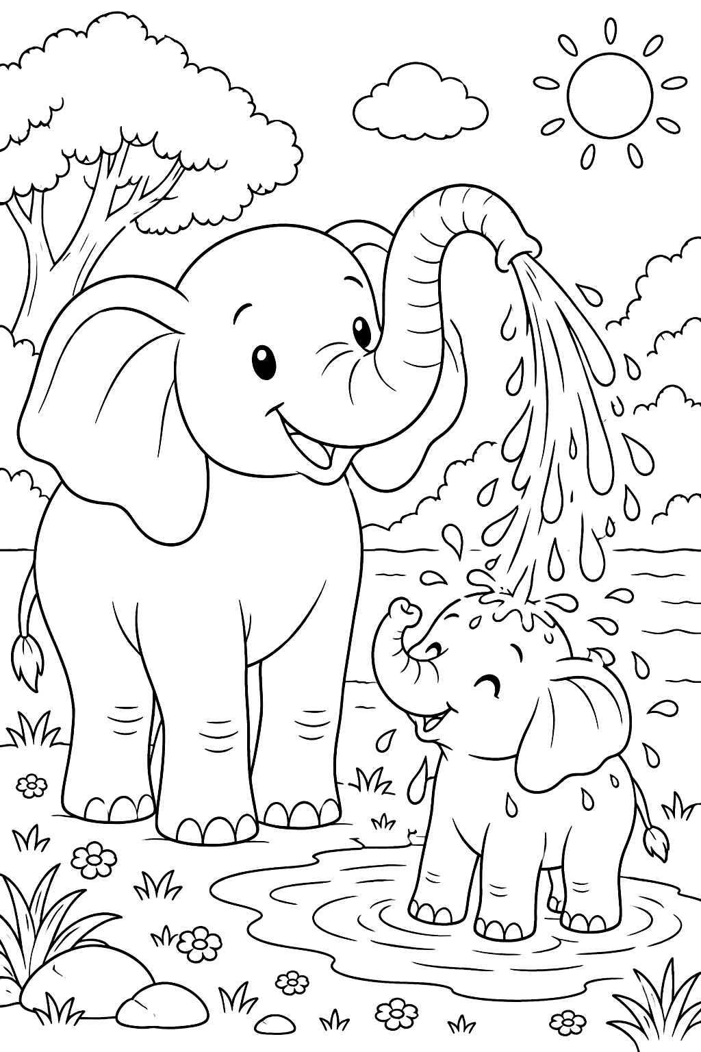 a father elephant spraying water on his baby coloring page