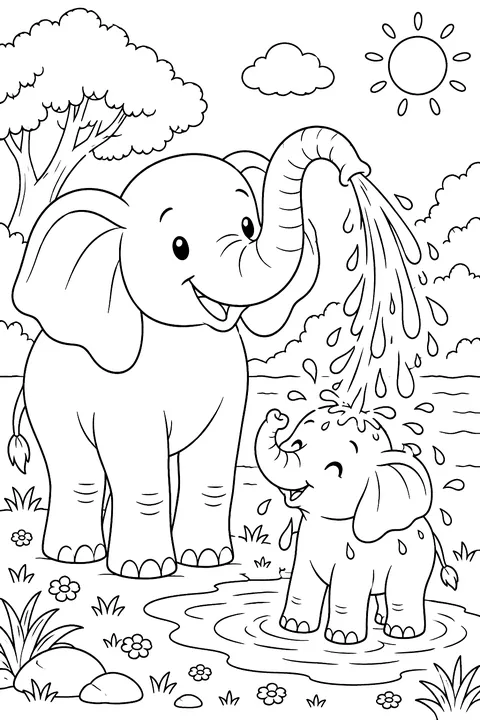 a father elephant spraying water on his baby coloring page
