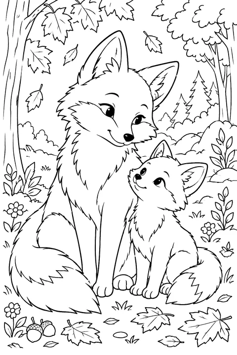 a father fox and kit in the autumn woods coloring page