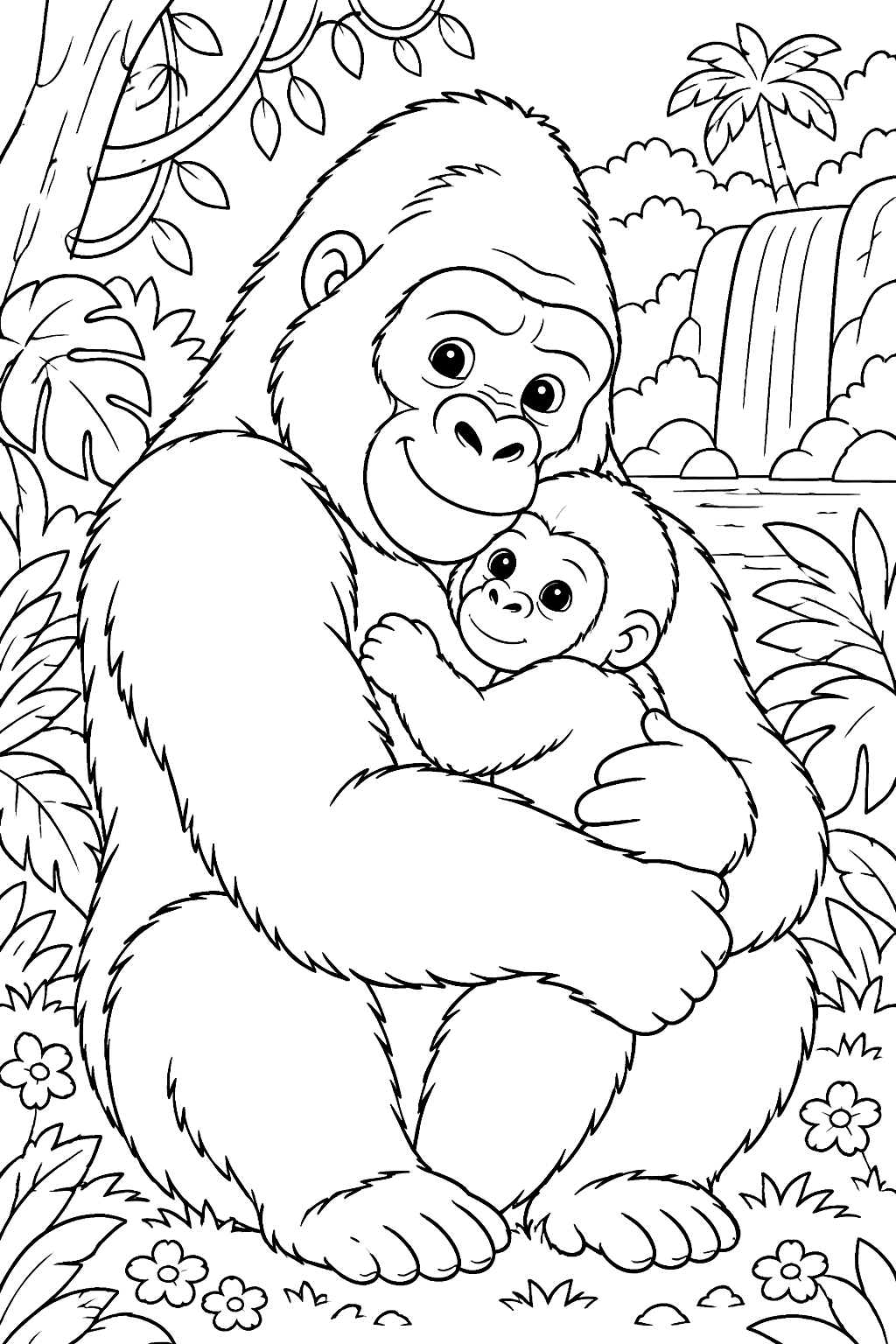 a father gorilla hugging his baby in the jungle coloring page