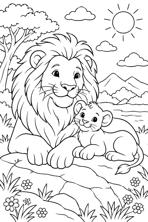 a father lion and his cub resting on a rock coloring page