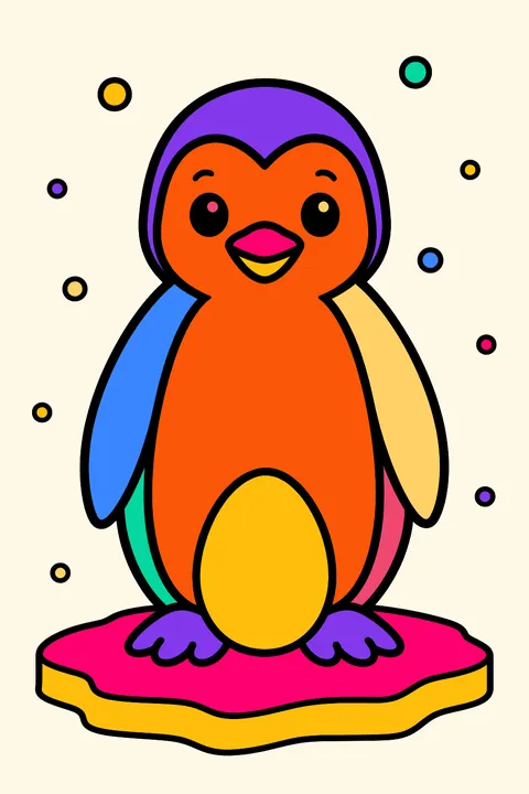 a father penguin standing on a little ice floe with snowflakes falling around him coloring page