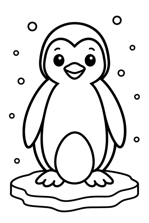 a father penguin standing on a little ice floe with snowflakes falling around him coloring page