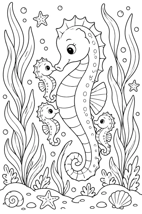a father seahorse with baby seahorses among seaweed coloring page