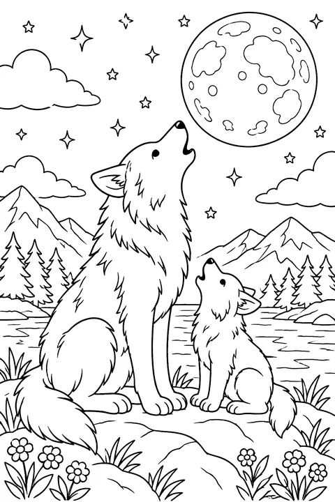 a father wolf and cub howling at the moon coloring page