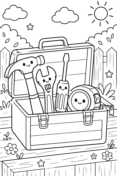 an open toolbox with a hammer, wrench, screwdriver and tape measure coloring page