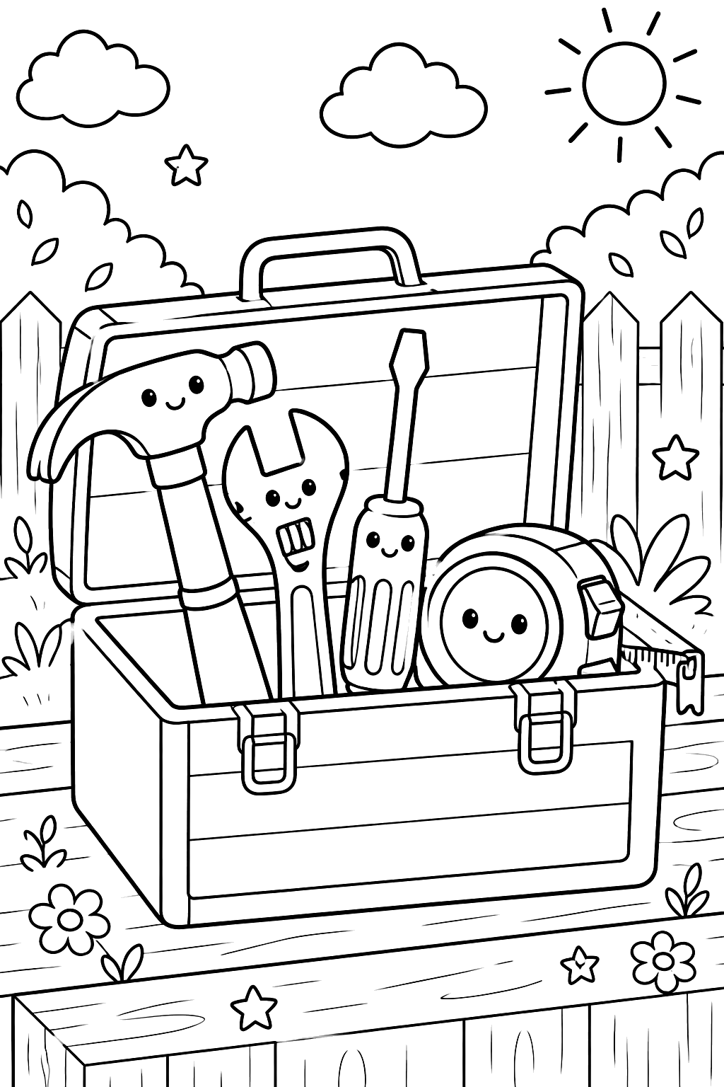 an open toolbox with a hammer, wrench, screwdriver and tape measure coloring page