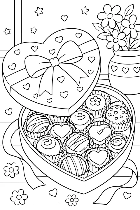 An open heart-shaped box of chocolates with a ribbon coloring page