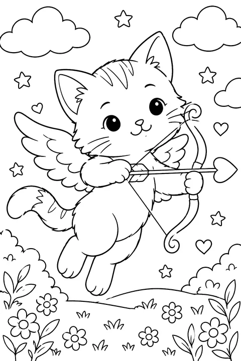 A cute cat with little wings holding a bow and heart arrow coloring page