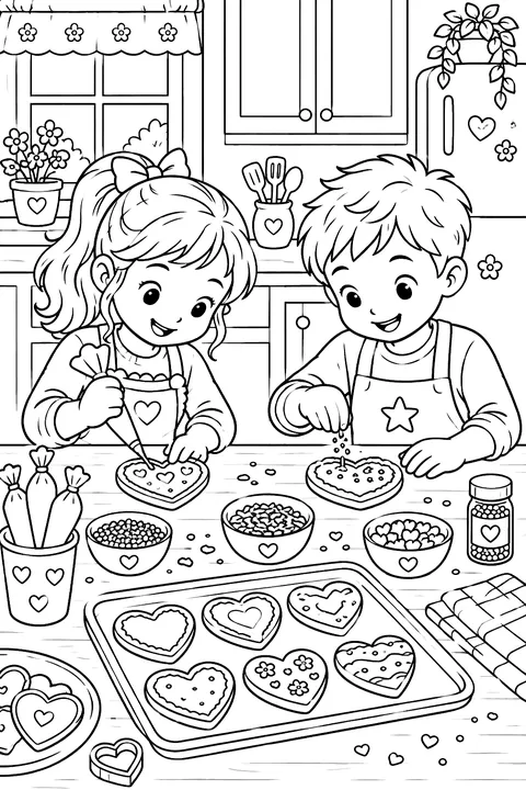 Kids decorating heart-shaped cookies in a kitchen coloring page