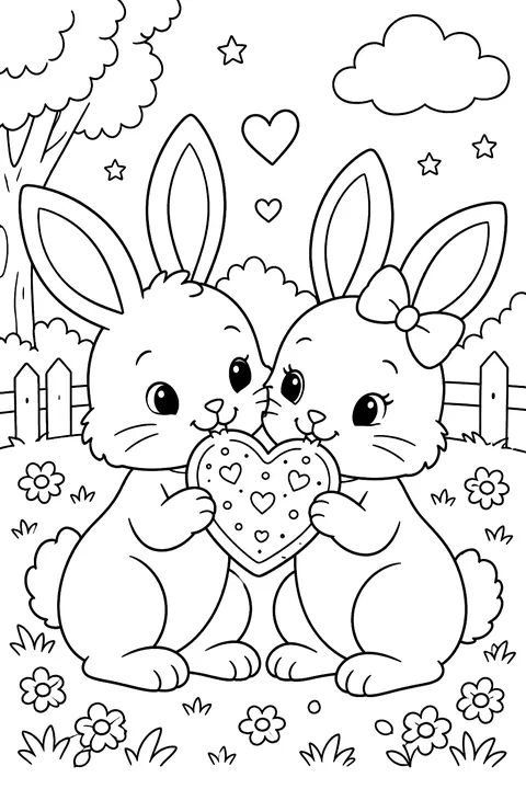 Two bunnies sharing a heart-shaped cookie coloring page
