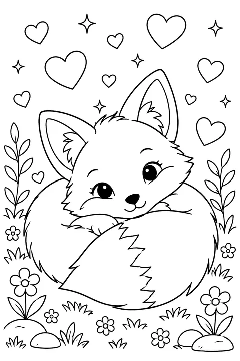 A fox curled up surrounded by floating hearts coloring page
