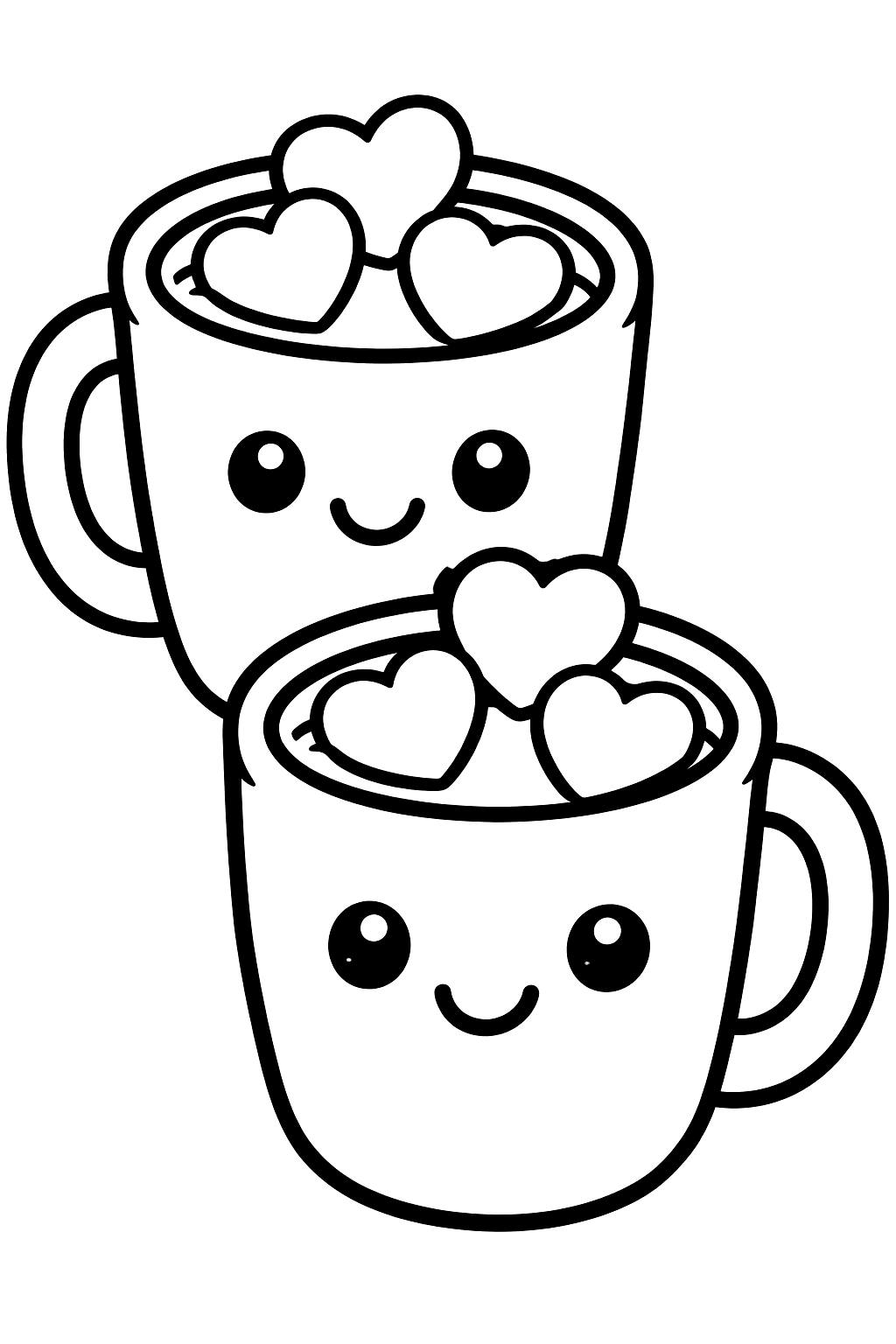 Two mugs of cocoa with heart marshmallows coloring page