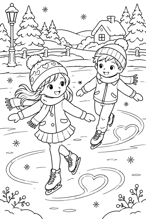 Two kids ice skating with heart trails behind them coloring page