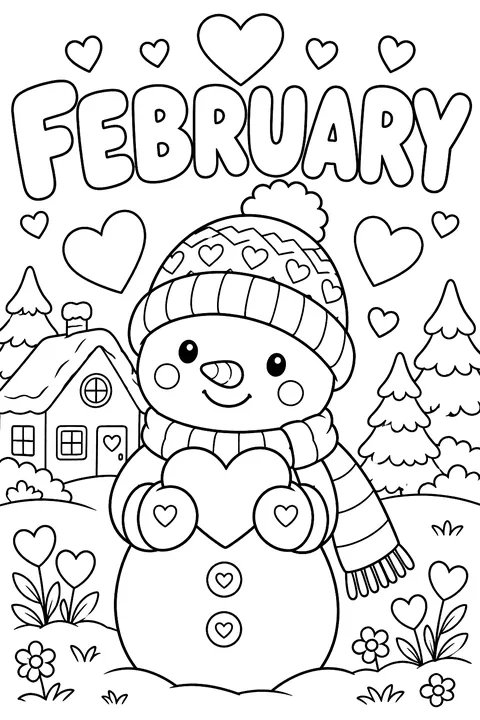 The word FEBRUARY in big bubble outline letters with hearts around coloring page