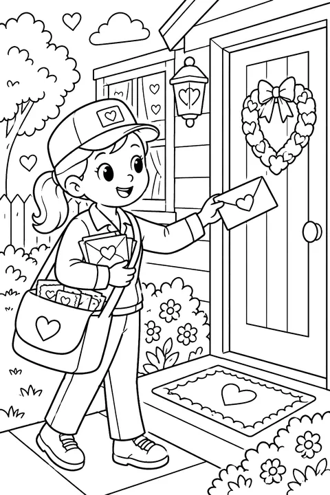 A mail carrier delivering valentine letters to a house coloring page