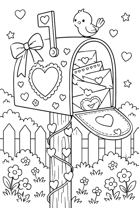 A decorated mailbox full of valentine envelopes coloring page