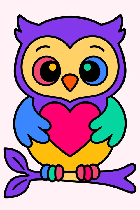 An owl on a branch holding a heart coloring page