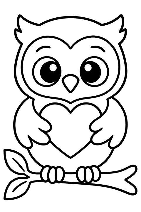 An owl on a branch holding a heart coloring page