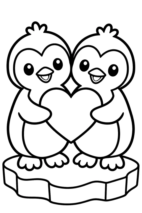 Two penguins holding a heart on the ice coloring page