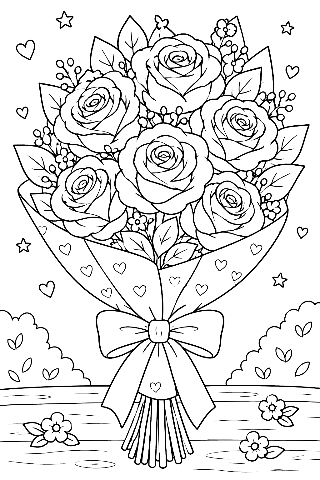 A bouquet of roses tied with a ribbon coloring page