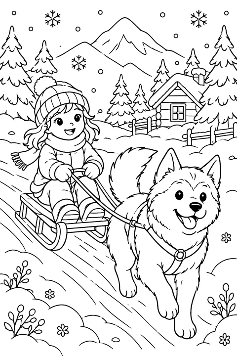 A dog pulling a child on a sled coloring page